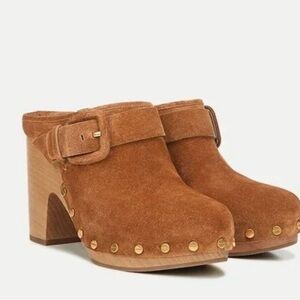 Veronica Beard Dacey Brown Suede clogs  with Gold Accents